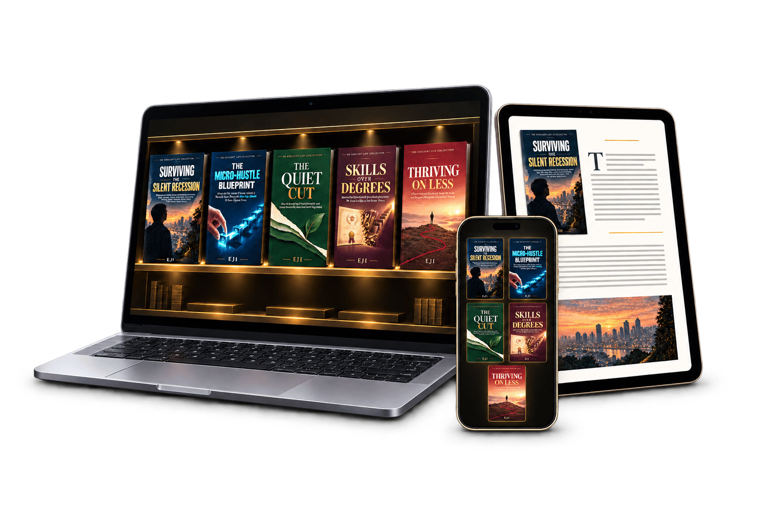 The Resilient Life Collection displayed on a laptop, tablet, and mobile phone